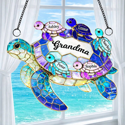 Acrylic Suncatcher Ornament for Grandma with Sea Turtle Family, Beachy Window Decor with Rainbow Shine, Thoughtful Personalized Gift