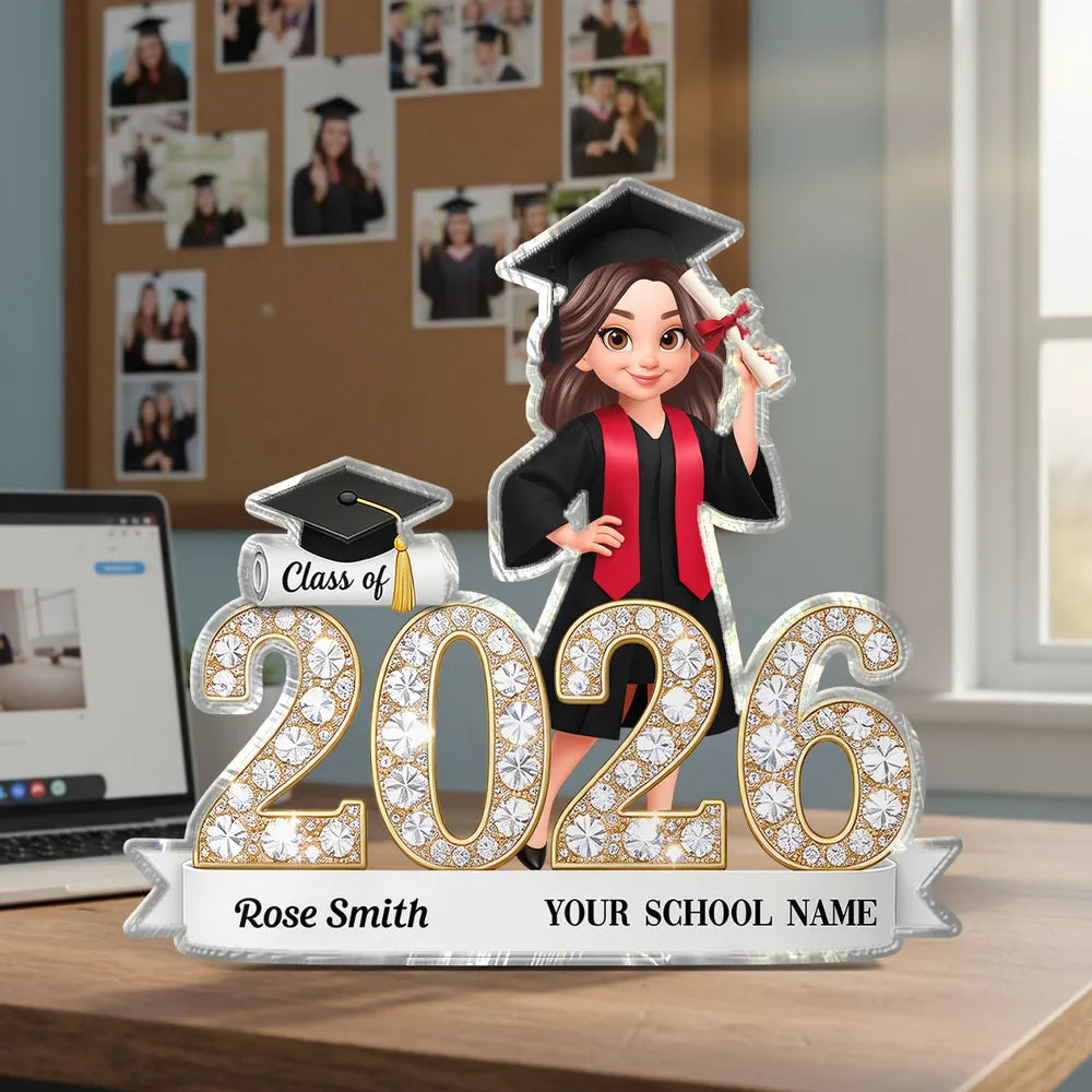 Shaped Acrylic Block Plaque Sparkly Class Of Grad Girl Holding Diploma Desk Decor - Unique Graduation Gift
