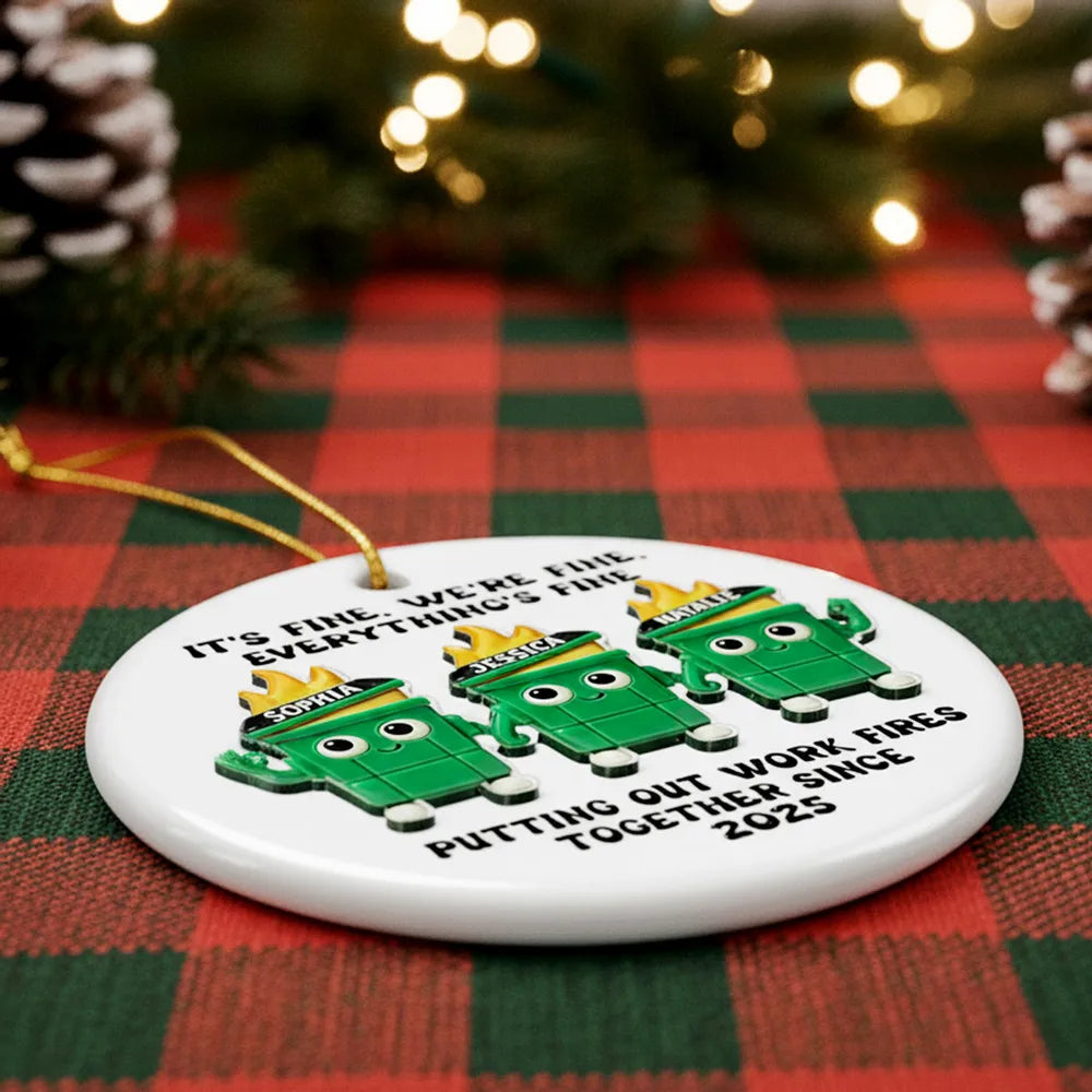 Ornament - Dumpster Fire Work Bestie, Customizable Ceramic with Acrylic Pieces, Office Decor, a unique gift for Coworkers