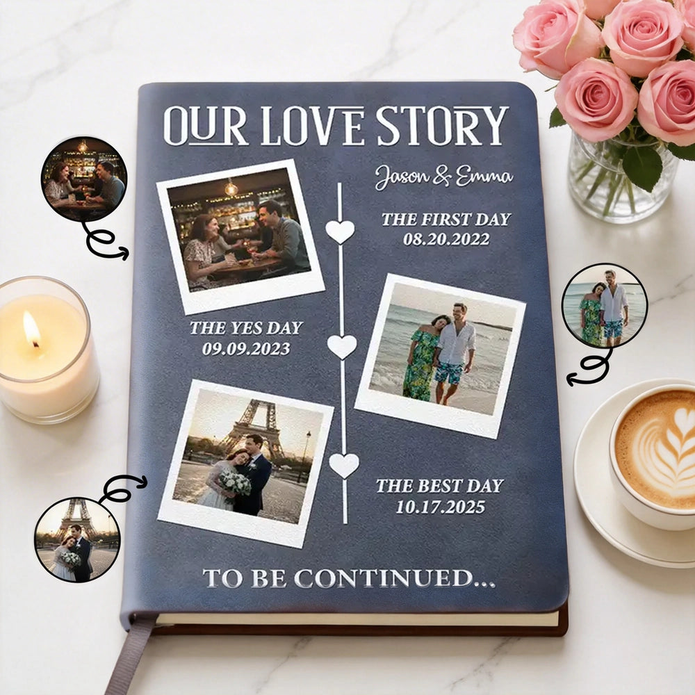 Personalized Leather Journal Our Love Story Photo Timeline for Couple - Unique Romantic Gift for Anniversary or Wedding