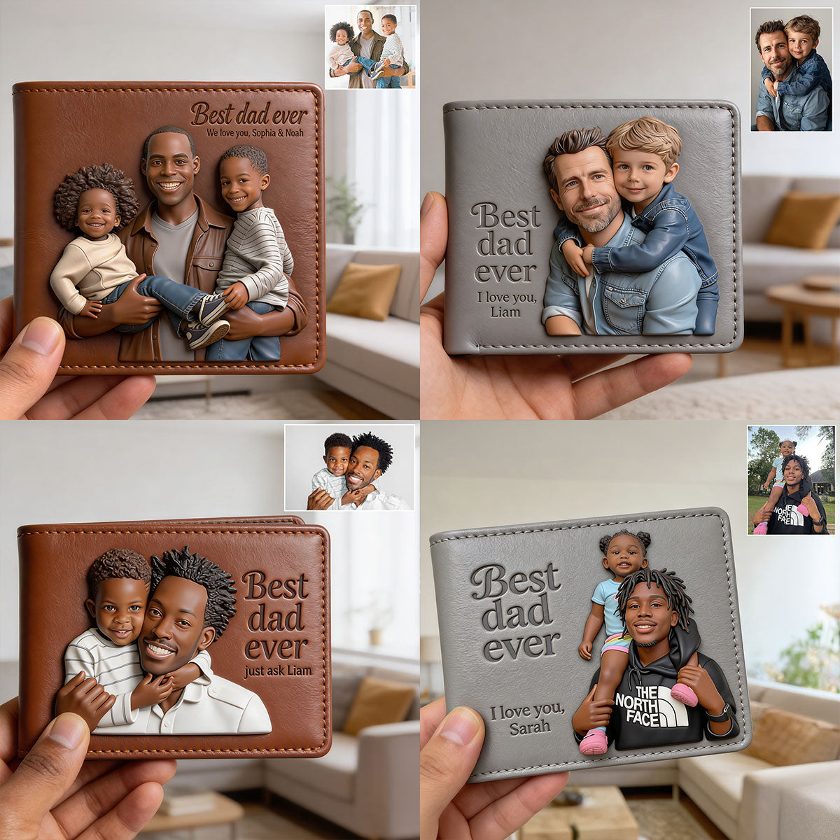 Custom 3D Photo Embossed Leather Wallet for Black Dad- Personalized Best Dad Ever Bi-fold Wallet, Father's Day Gift