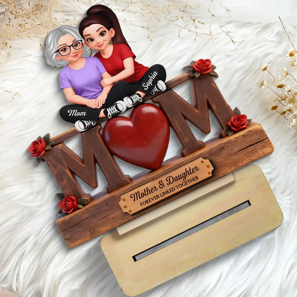 Personalized 2-Layer Wooden Plaque Mother & Daughter Forever Linked Together, MOM Heart Roses, Unique Gift for Mom