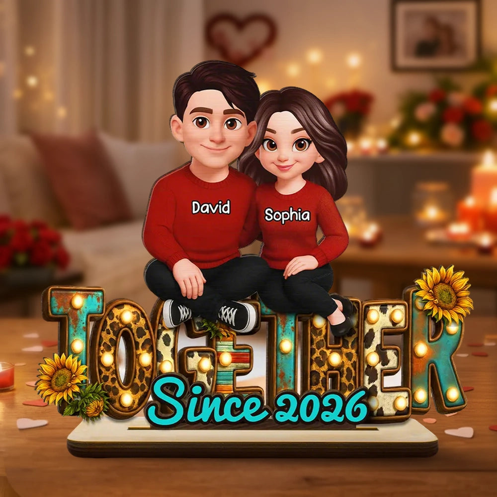 2-Layer Wooden Plaque with Cute Cartoon Couple Sitting Together, Sweet Home Decor Keepsake Gift