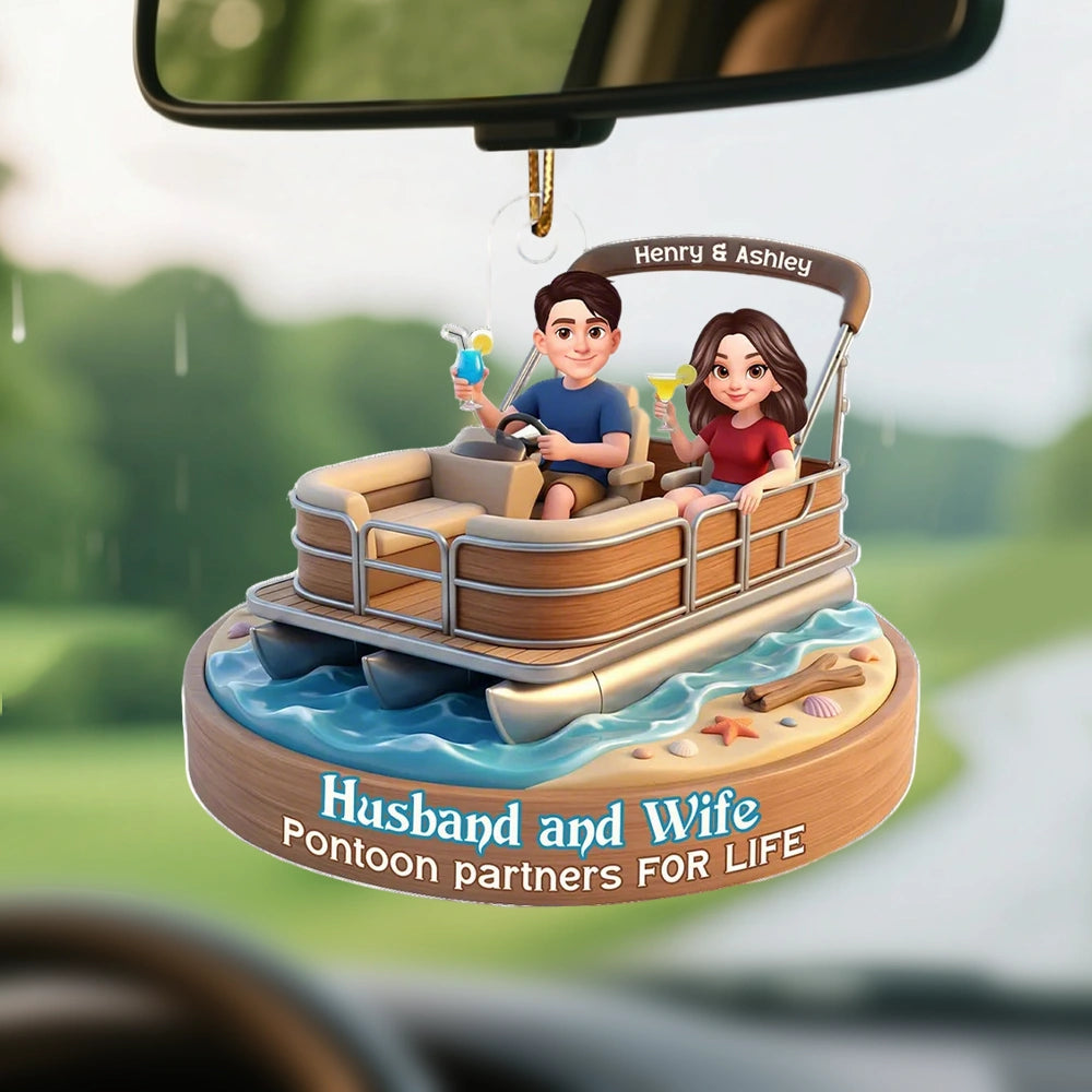 Personalized Acrylic Car Hanger Pontoon Couple Cute Cartoon Boat Decor, Unique Gift for Husband & Wife