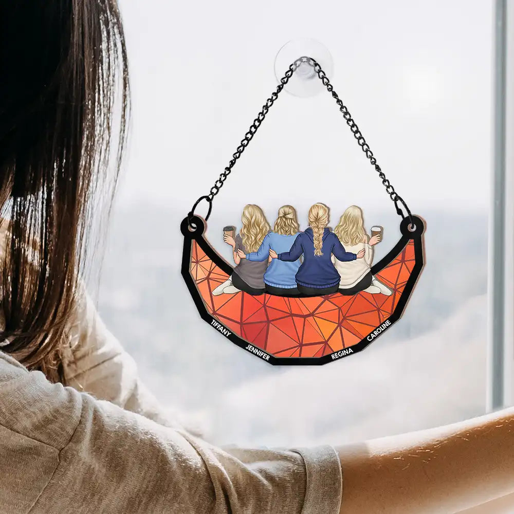 Personalized Friends Sitting On The Moon Ornament – Back View Hanging Suncatcher Gift for Friends, Sisters, or Siblings