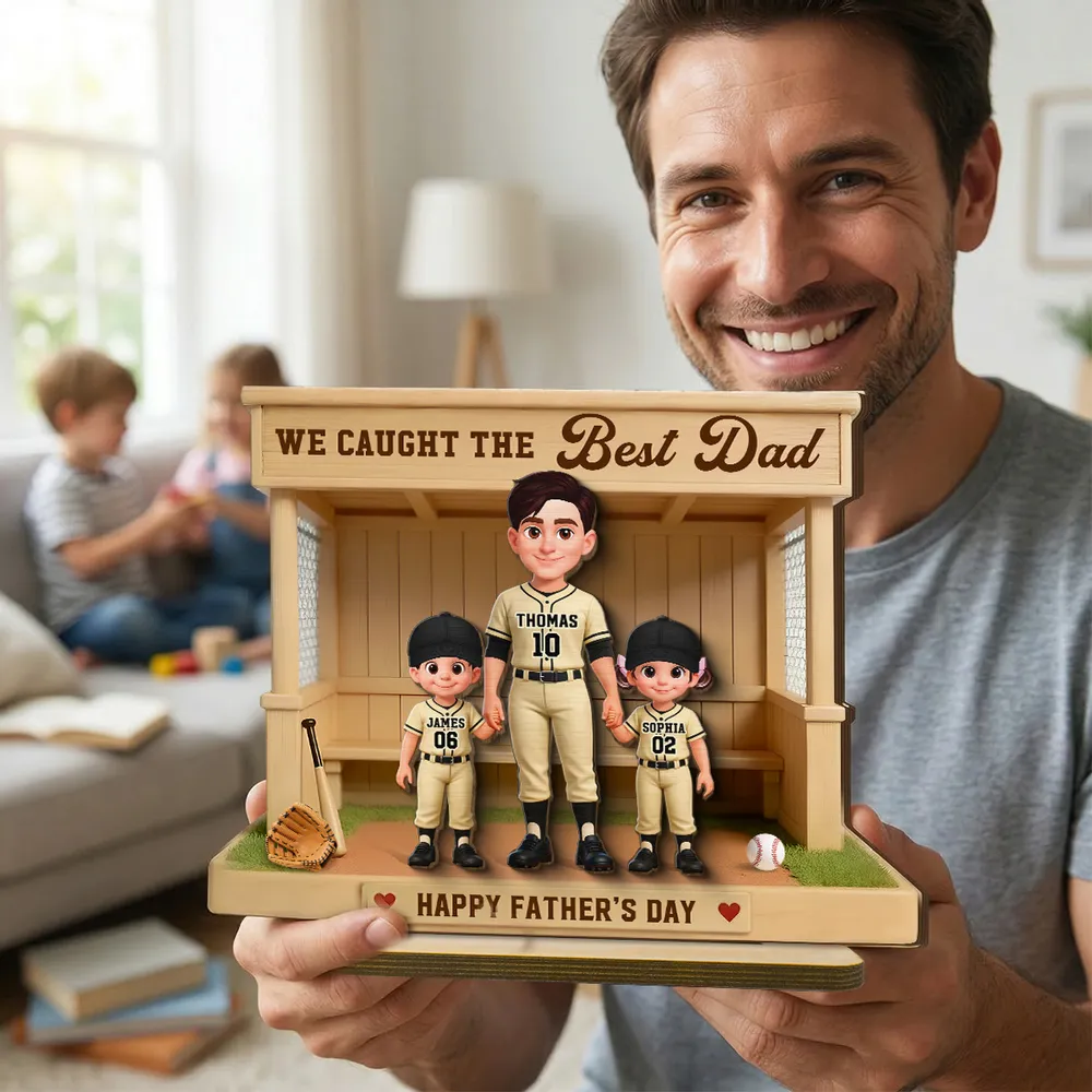 Personalized 2-Layer Wooden Plaque Baseball Dugout Dad and Kids Scene, Father's Day Gift with Heartfelt Message