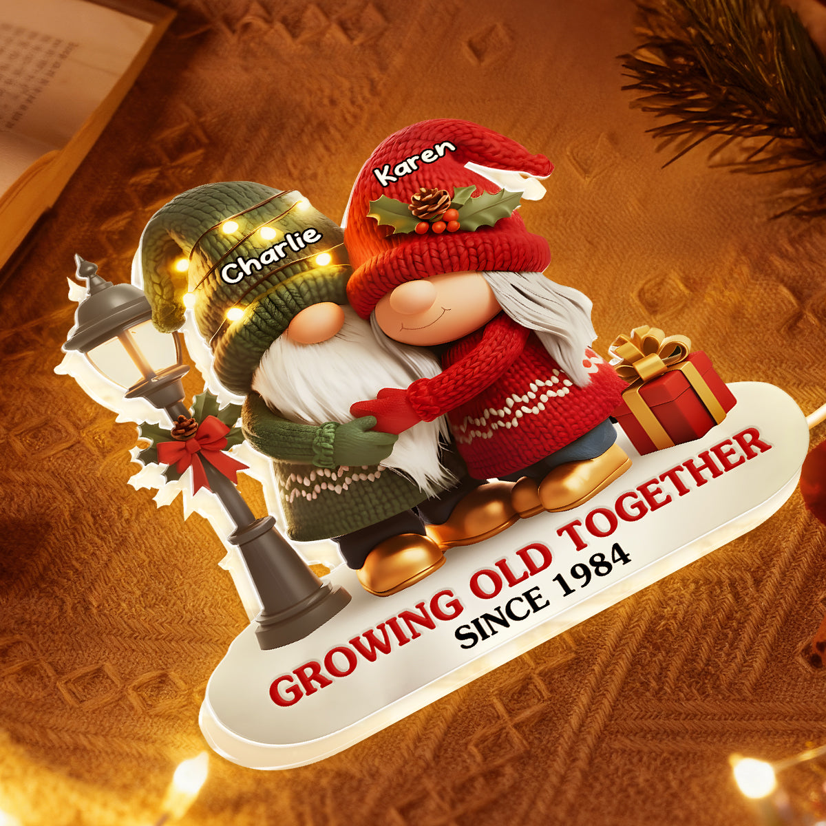 Custom Acrylic Light Box with Hugging Holiday Gnomes, Warm Glow Bedroom Lamp and Keepsake Gift for Partner