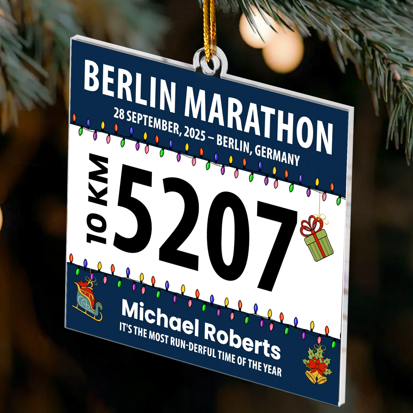 Runner Acrylic Ornament - Marathon Bib Style with Festive Lights, Easy to Hang, Creative Keepsake Gift for Athletes