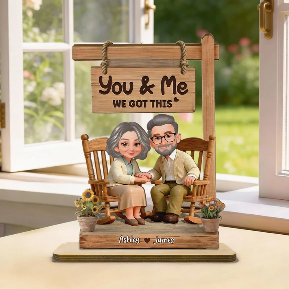 You & Me We Got This Personalized 2-Layer Wooden Plaque Sweet Couple Rocking Chair Scene for Anniversary or Valentine's Day Gift