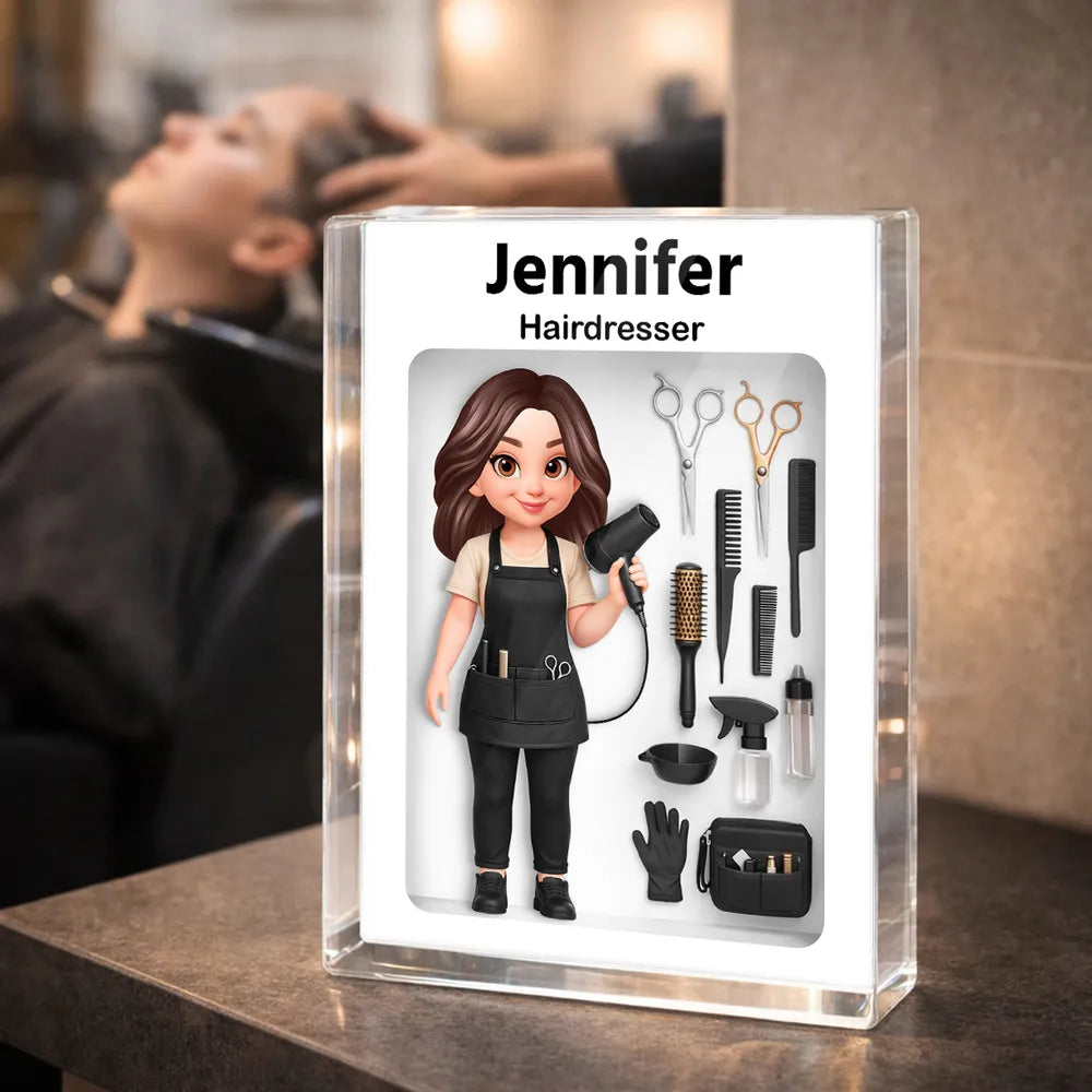 Personalized Rectangle Acrylic Block Plaque Hairdresser Salon Tool Illustration Desk Decor - Unique Gift for a Stylist