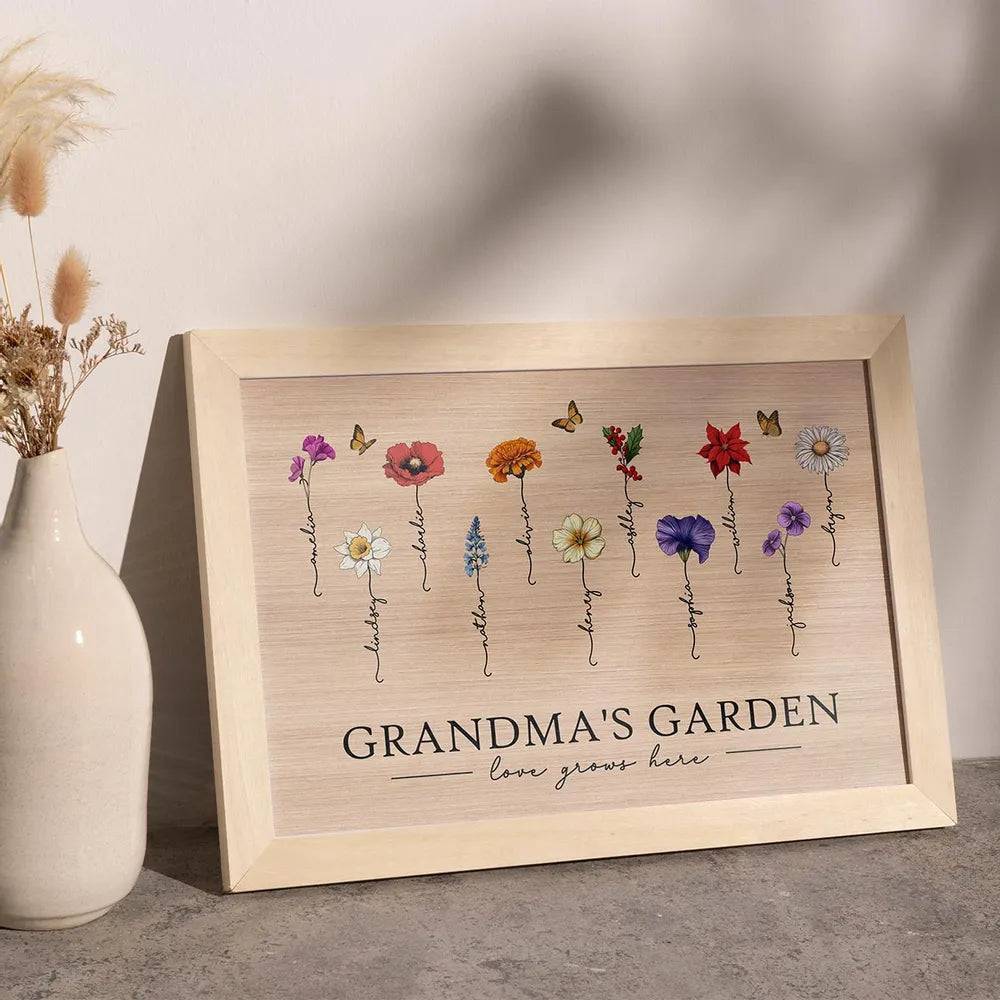 Grandma's Garden Love Grows Here Beautiful Birth Month Flower Gift For Grandma Mom Personalized Cup or Poster or Canvas, Keychain, Plaque, Wallet Card, Pillow