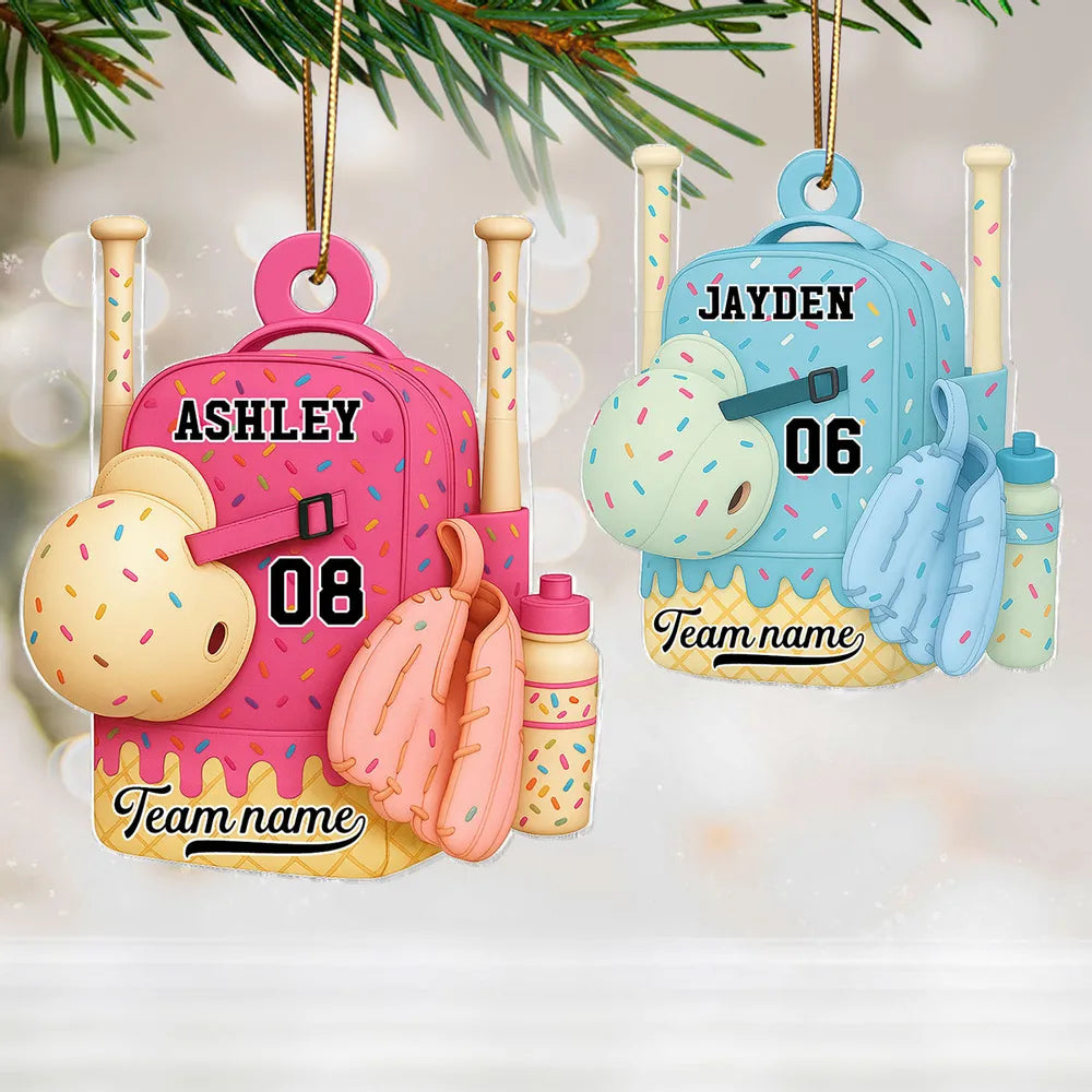 Acrylic Ornament Baseball Softball Backpack, customizable candy-sprinkle design for holiday tree, cute unique gift for kids