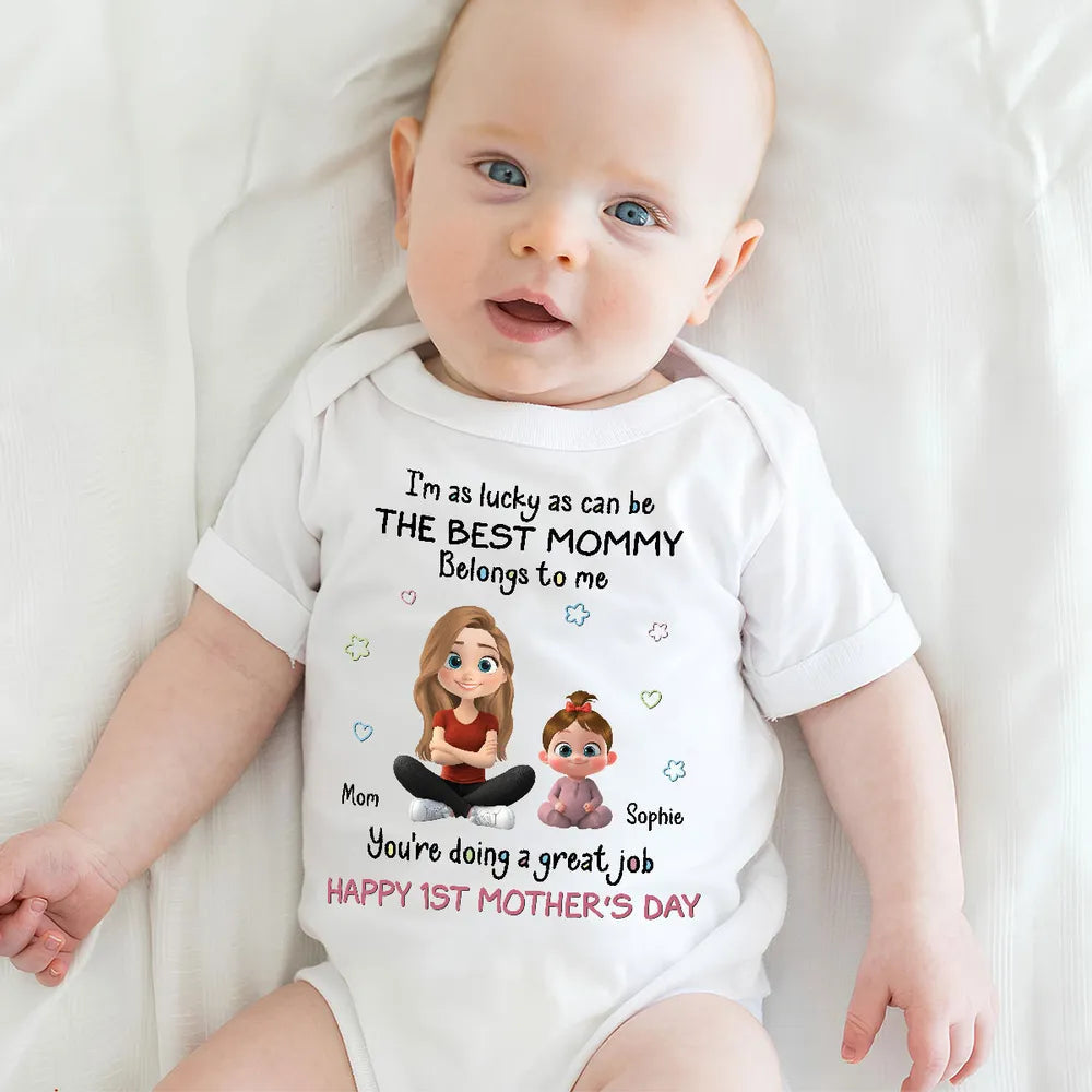 Personalized Short Sleeve Baby Onesie with Cute Mom & Baby Cartoon, First Mother's Day Gift, Photo-Ready Keepsake