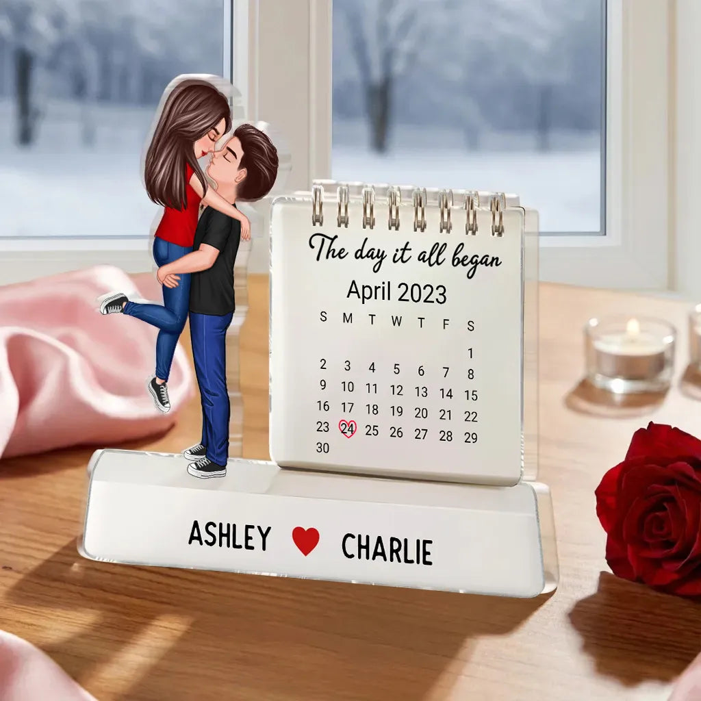 Personalized Shaped Acrylic Block Plaque Couple Hugging Kissing Calendar Keepsake, The Day It All Began, Unique Gift for Him or Her