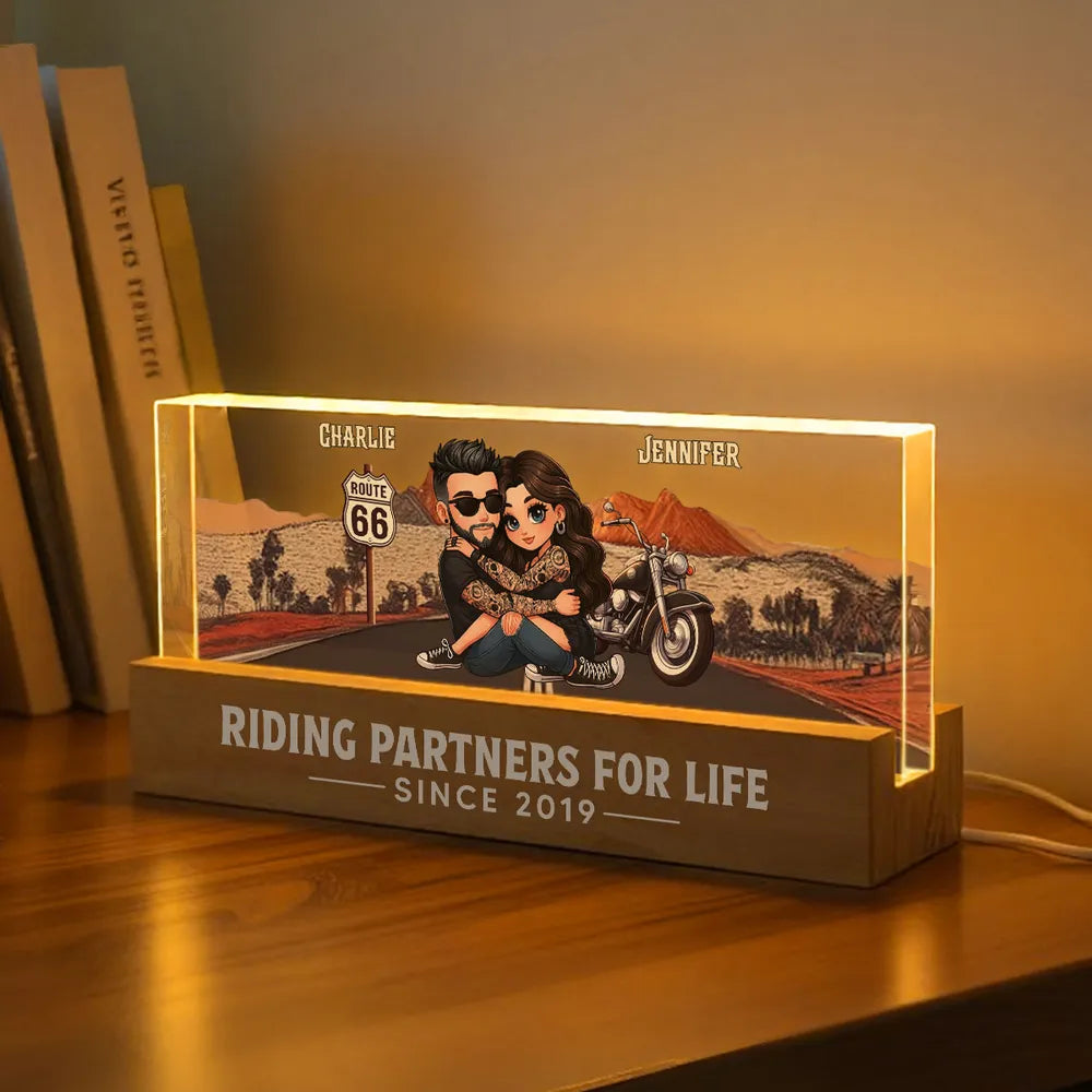 Personalized Block LED Light Plaque for Biker Couple Hugging by Route 66 Sunset Unique Romantic Gift for Him or Her
