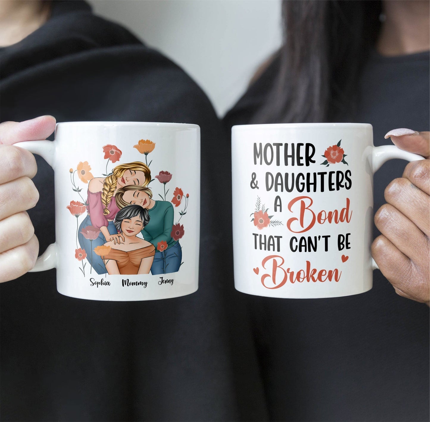 Personalized Gift for Mother or Daughter – Ceramic Mug Featuring Hugging Scene with 'First Our Mother, Forever Our Friend'