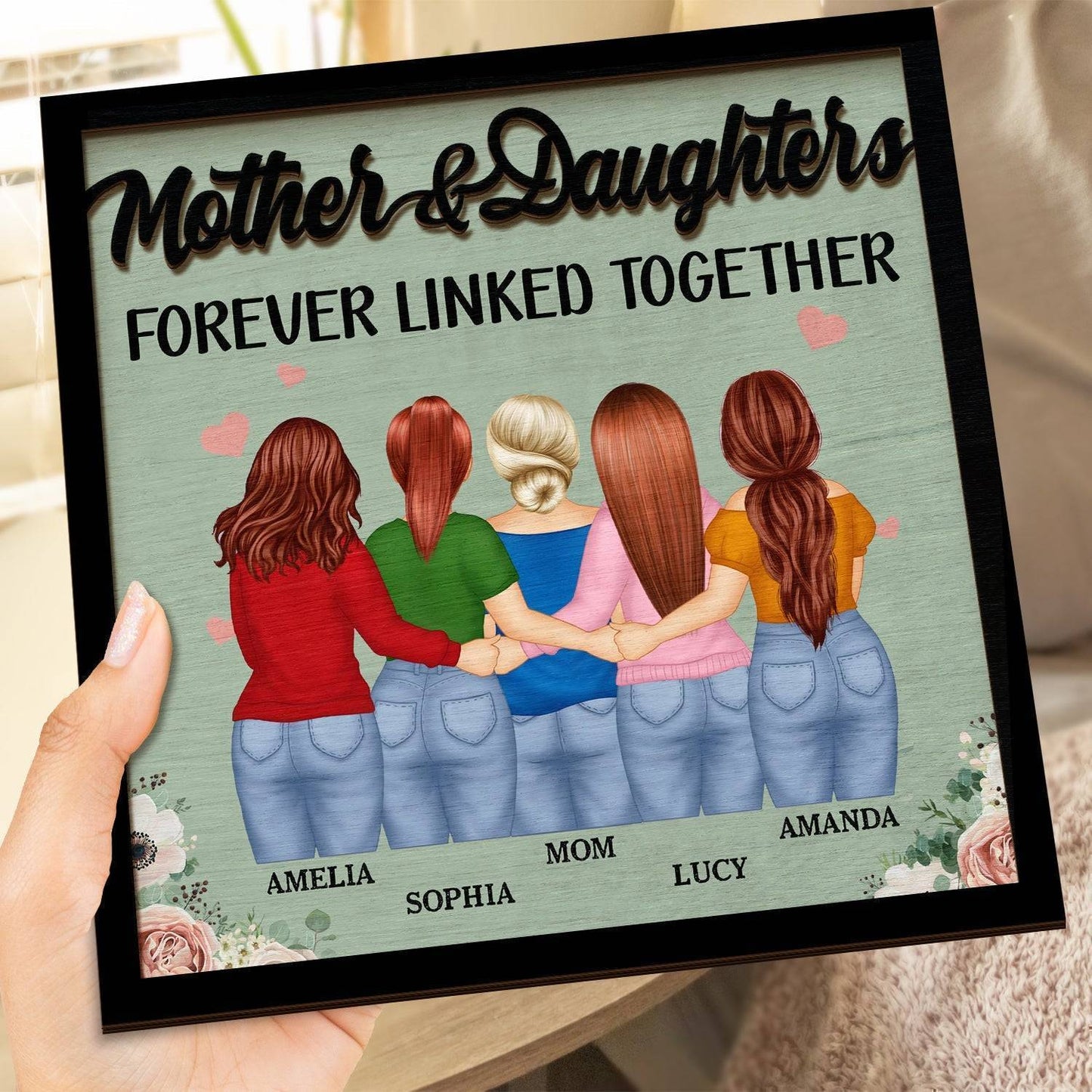Eternal Maternal Bond - 'Mother and Daughters Forever Linked' Personalized Wooden Plaque with Stand - Ideal Gift for Mom & Grandma on Mother's Day