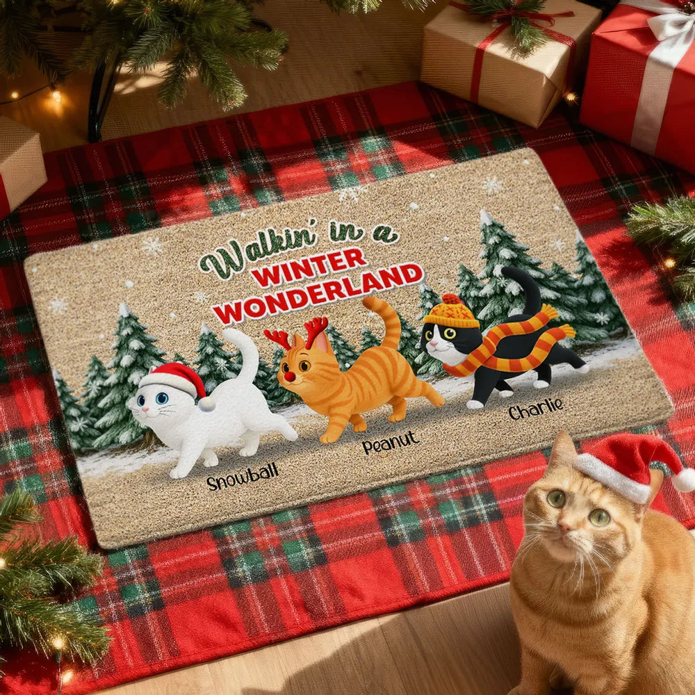 Personalized Standard Doormat with Cute Cats, Winter Wonderland Scene, Unique Holiday Gift for Pet Lovers