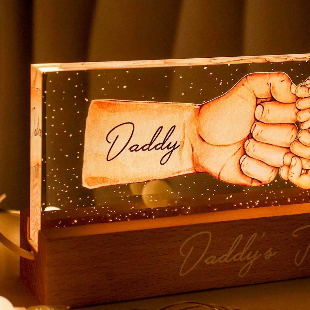Daddy's Team Fist Bump Personalized Acrylic LED Night Light, Father's Day Gift For Dad, Grandpa, Husband