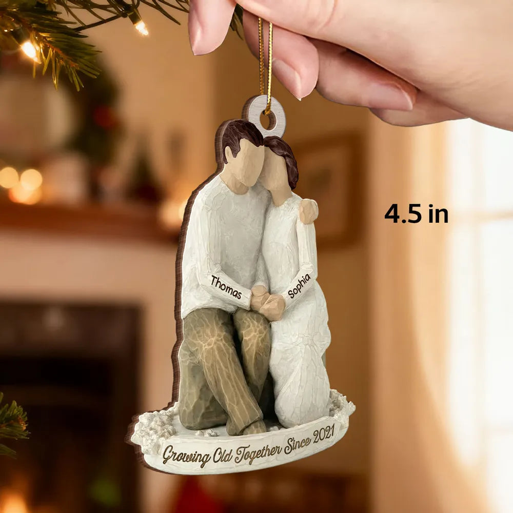 Custom Romantic Wooden Ornament with Cuddling Couple, Cozy Holiday Tree Decoration, Meaningful Unique Gift for Him & Her