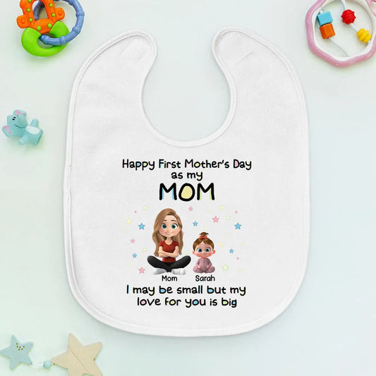 Cotton Baby Bib Personalized First Mother's Day Gift from Baby to Mom Sweet Keepsake with Cute Mom and Baby Art