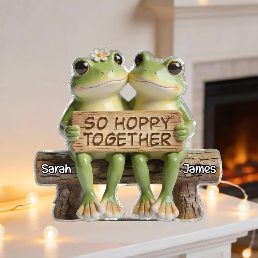 Shaped Acrylic Block Plaque Personalized Love Keepsake, Sweet Frog Couple Bench Scene with 'So Hoppy Together', Thoughtful Gift