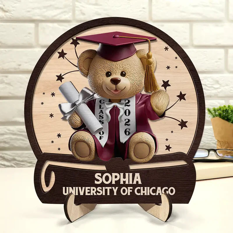 Custom Graduation Bear 2-Layer Wooden Plaque for Nursery or Living Room Display, Sweet Congrats Keepsake, Thoughtful Gift