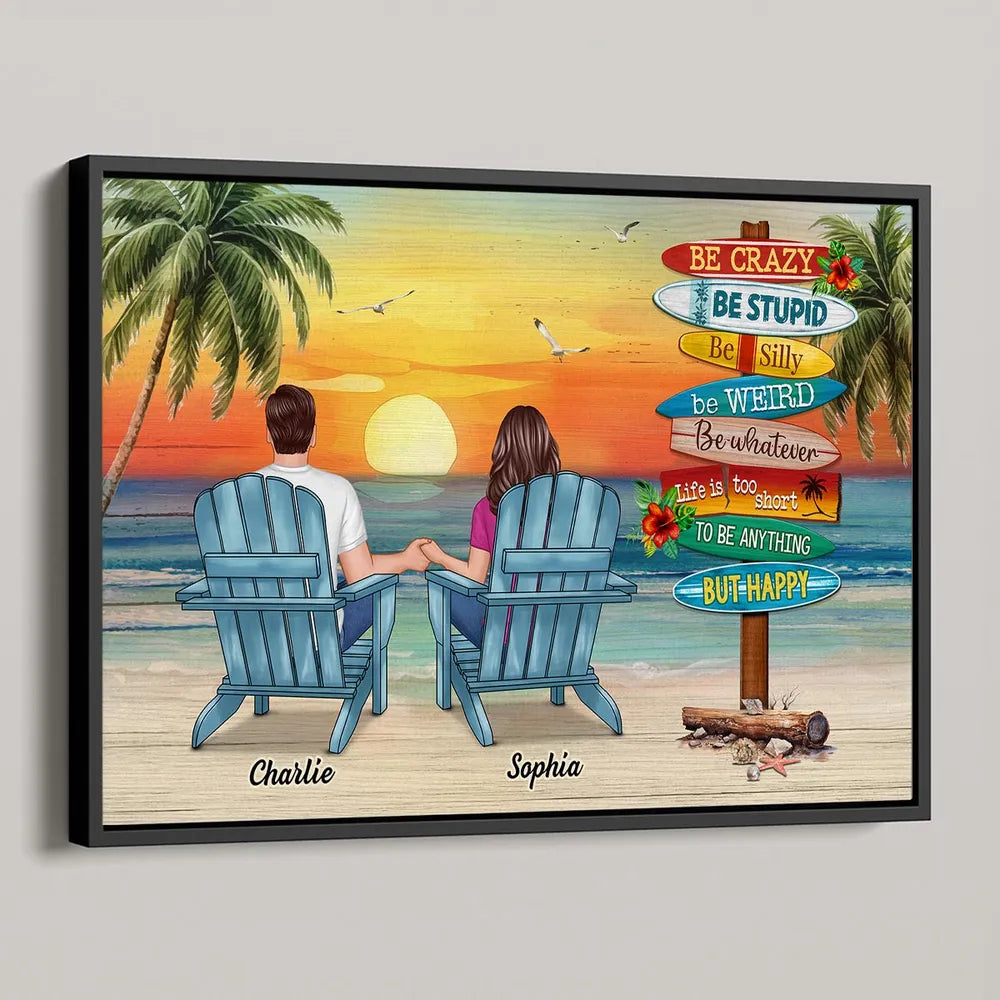 Personalized Beach Sunset Couple Poster, Holding Hands in Adirondack Chairs, Life is Too Short But Happy, Unique Gift
