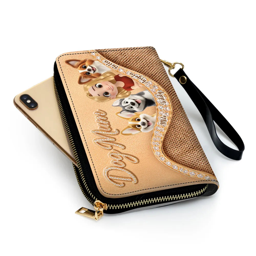 Personalized Dog Mom Leather Long Wallet, Custom Cartoon Woman & Puppy, Sleek Daily Carry, Unique Gift for Her
