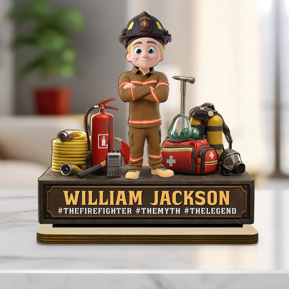 Personalized Firefighter 2-Layer Wooden Plaque, Cartoon Hero Gear Display, Unique Gift for Firefighters