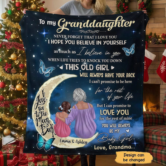 Personalized Fleece Blanket with Grandma and Granddaughter on Moon, Night Sky Throw, Cozy Unique Gift from Grandma