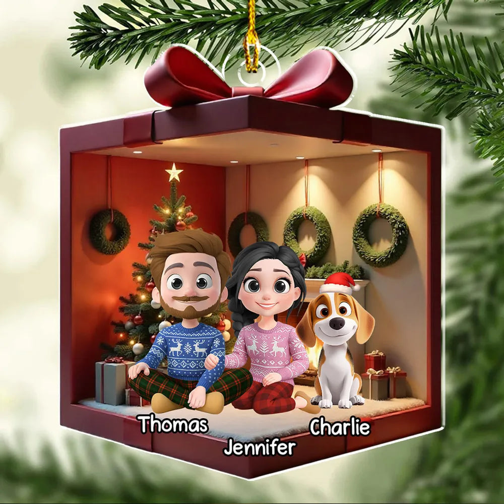 Festive Acrylic Ornament Featuring Family & Dog Under Christmas Tree – Ideal Holiday Gift