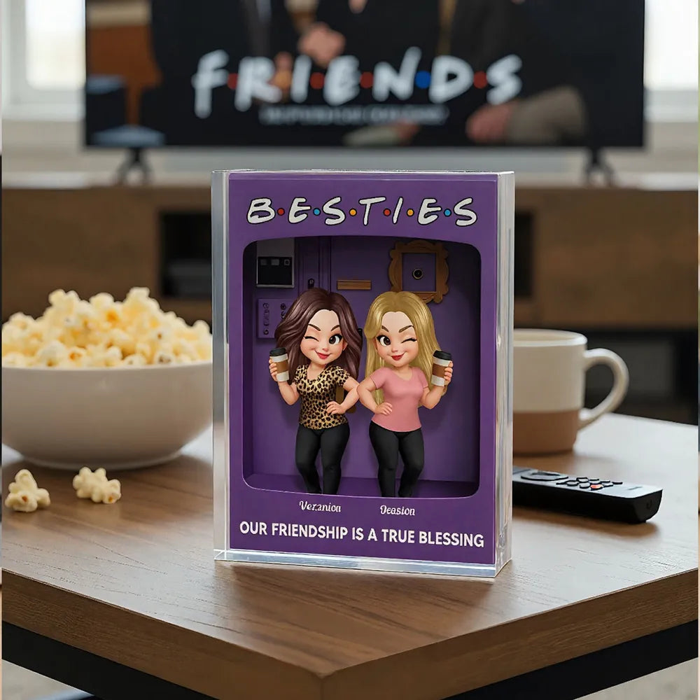 Rectangle Acrylic Block Plaque for Besties — cute characters holding coffee, purple backdrop, perfect friendship gift for birthdays, holidays, and everyday smiles