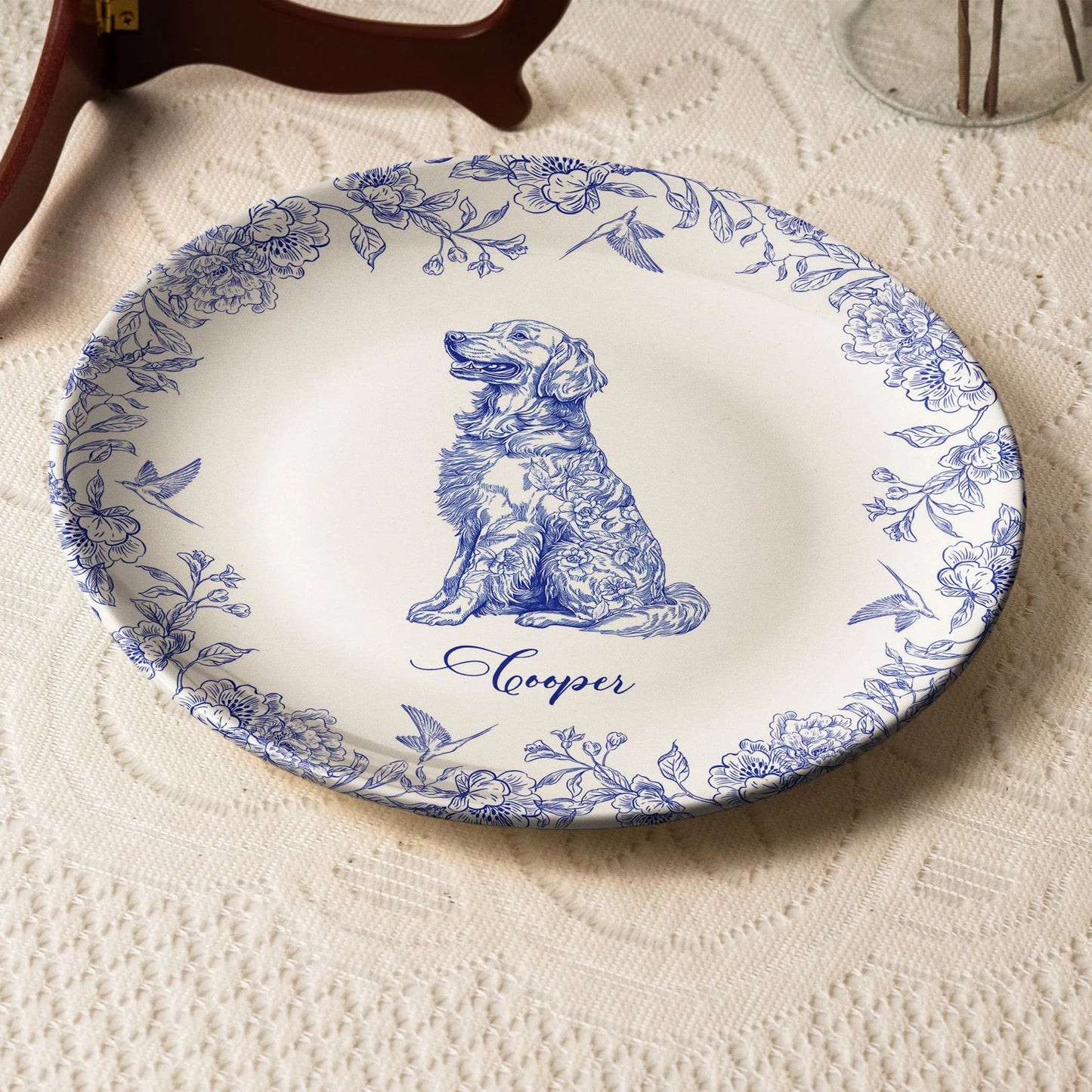 Custom Dog Lover Bone China Plaque in Toile de Jouy Style – Collectible Pet Wall Decor & Thoughtful Holiday or Anniversary Gift