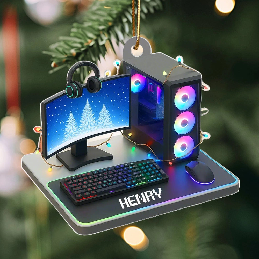 Custom Name Gaming Setup Acrylic Ornament with RGB PC & Keyboard, Cozy Holiday Decor, Creative Gift for Teen Gamer