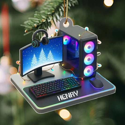 Custom Name Gaming Setup Acrylic Ornament with RGB PC & Keyboard, Cozy Holiday Decor, Creative Gift for Teen Gamer