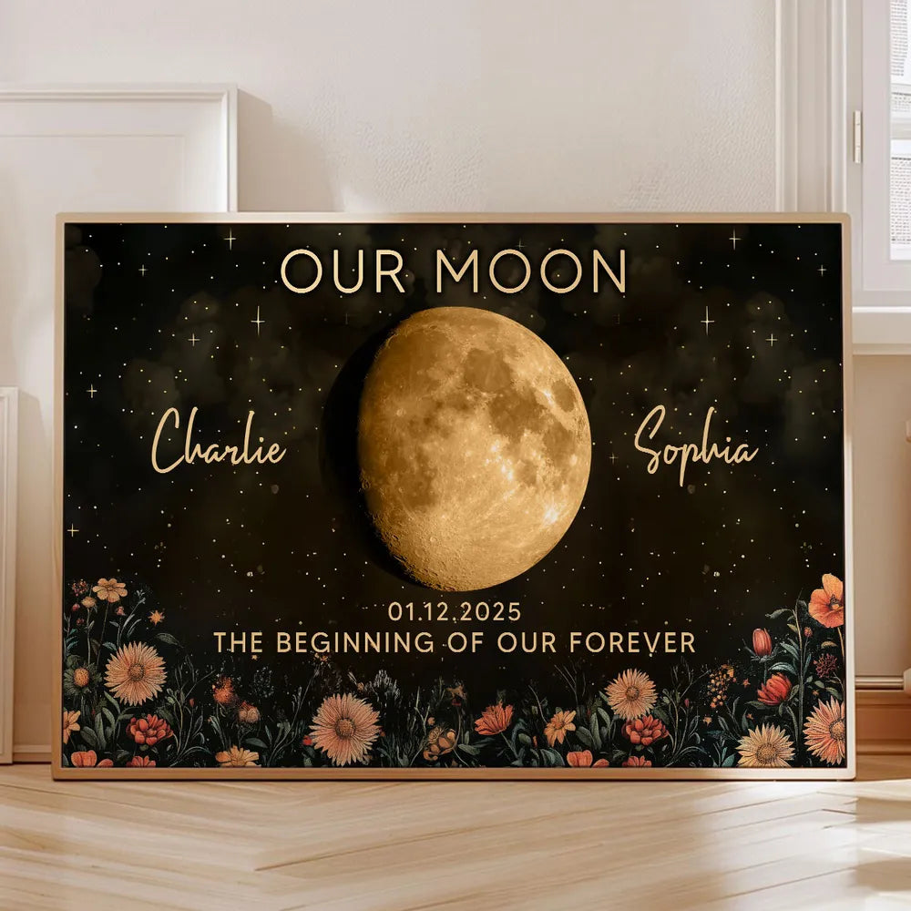 Personalized Moon Phase Poster Night Sky Floral Wall Art Unique Gift for Couple - Our Moon Keepsake Decor