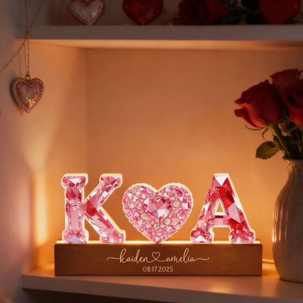 Personalized Shaped Acrylic Block LED Plaque With Initials & Heart, Romantic Nightstand Decor, Unique Gift for Couples