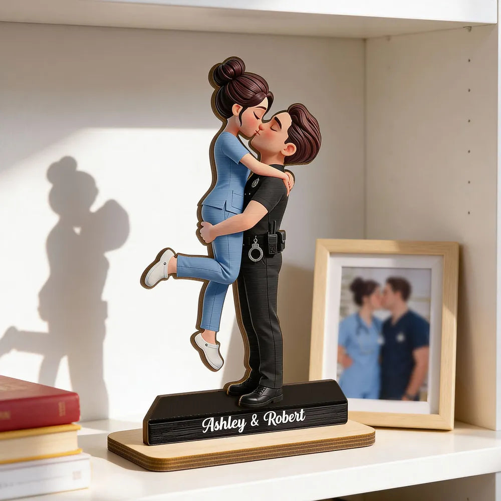 2-Layer Wooden Plaque Personalized Hero Couple Kiss - A Heartwarming Custom Gift for Couples, Police Firefighter Nurse Love