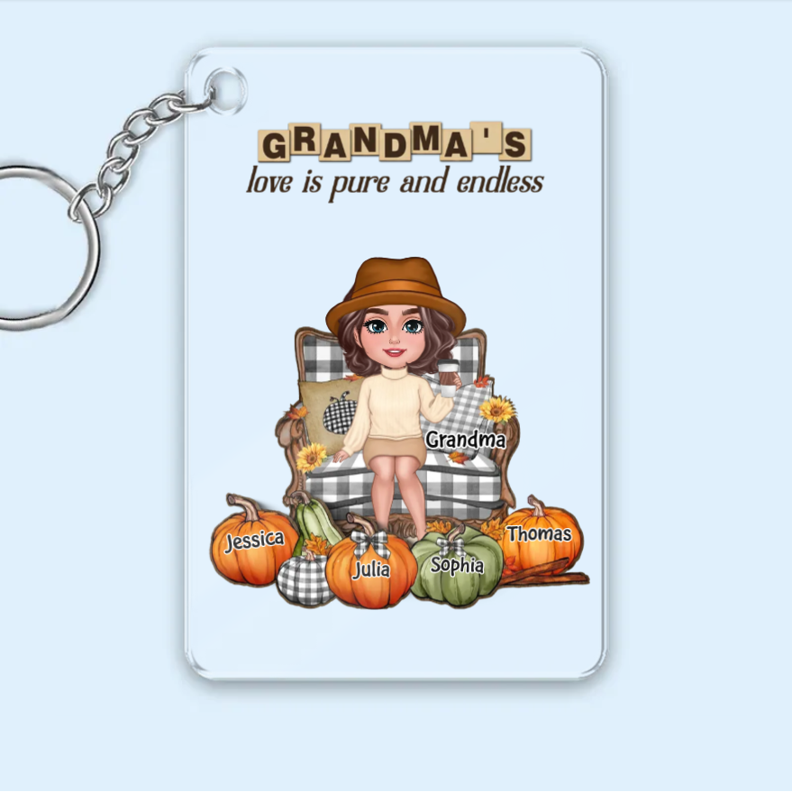 "Personalized Grandma's Autumn Pumpkin Ornament, Poster, Keychain, Plaque, Pillow & Blanket and Cup - A Heartwarming Gift for Loved Ones"