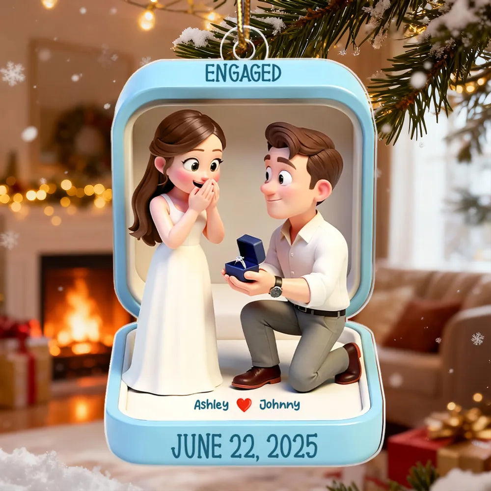 Engaged Proposal Scene Acrylic Ornament, Cute Cartoon Couple Ring Moment, Unique Gift for Couples