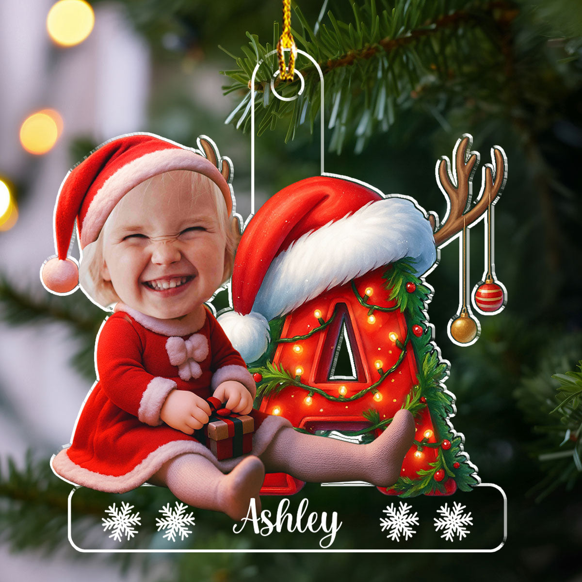 Christmas Acrylic Ornament - Photo Initial with Santa Hat & Lights, easy to hang, a unique gift for Parents & Grandparents