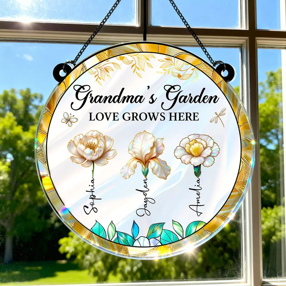 Personalized Acrylic Suncatcher Ornament – Grandma’s Garden “Love Grows Here”, thoughtful gift-ready keepsake for Grandma