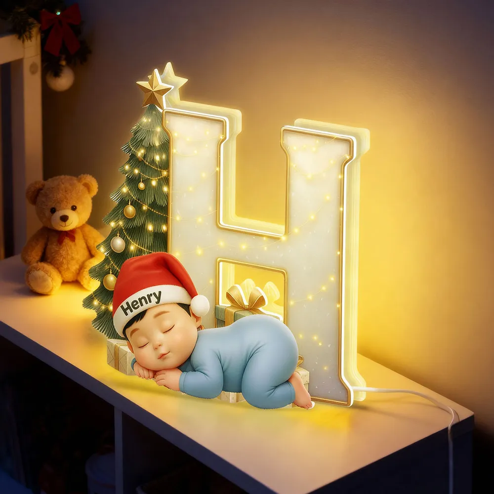 Baby Sleeping Initial Monogram Acrylic Ornament, Christmas Tree & Lights, unique gift for New Parents and Grandparents