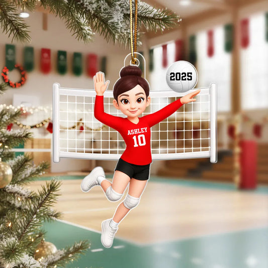 Custom Volleyball Girl Acrylic Ornament with name & number design, sports-themed holiday decoration and perfect gift for athletes