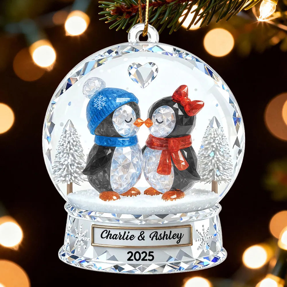 Custom Penguin Couple Acrylic Ornament for Christmas Tree, Cozy Winter Love Scene, Heartfelt Personalized Gift for Someone Special