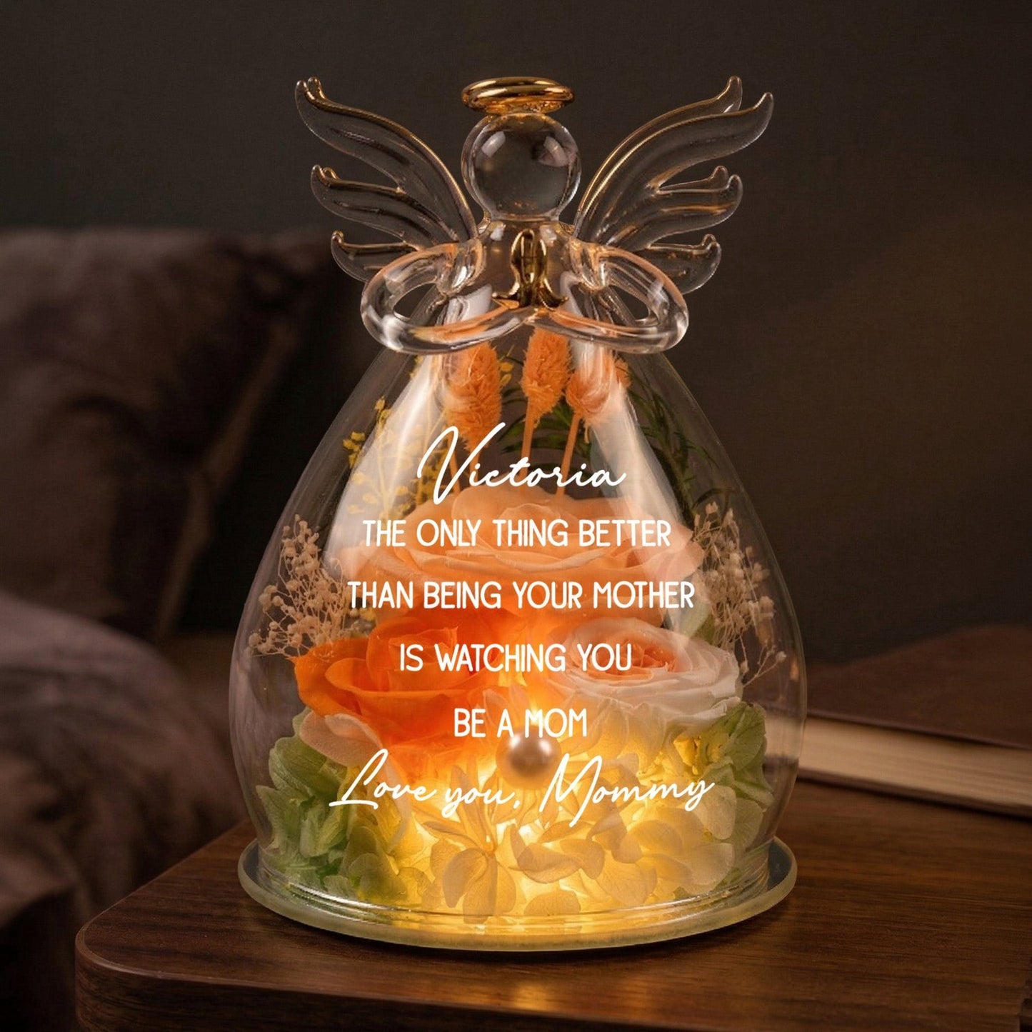 LED Floral Angel Figurine Personalized for a Daughter, Heartwarming Mom Pride Gift, Soft Light Home Accent She'll Treasure