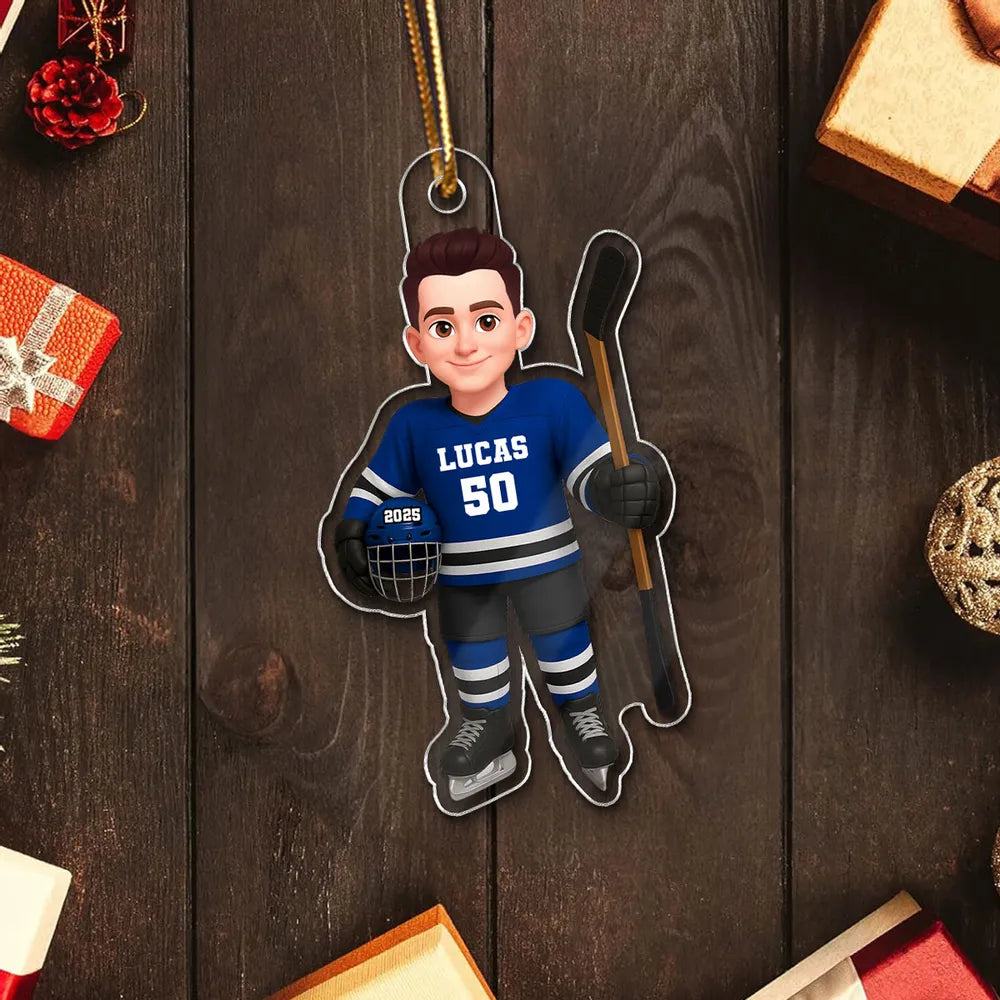 Acrylic Ornament - Personalized Hockey Player Cartoon Holding Stick, Christmas Tree Decor, Unique Gift for Players & Fans