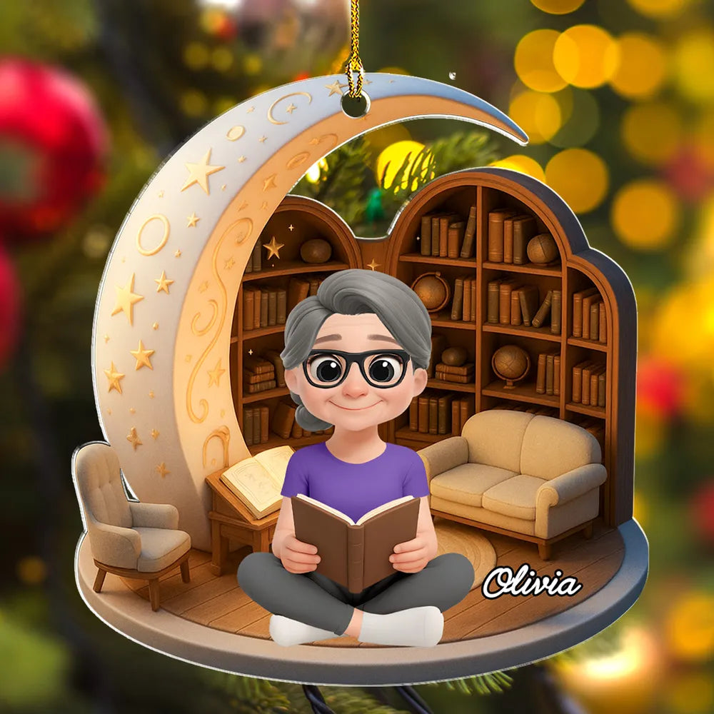 Book Lover Acrylic Ornament – Cozy Moonlight Reading Scene, High-Clarity Collectible Gift for Readers