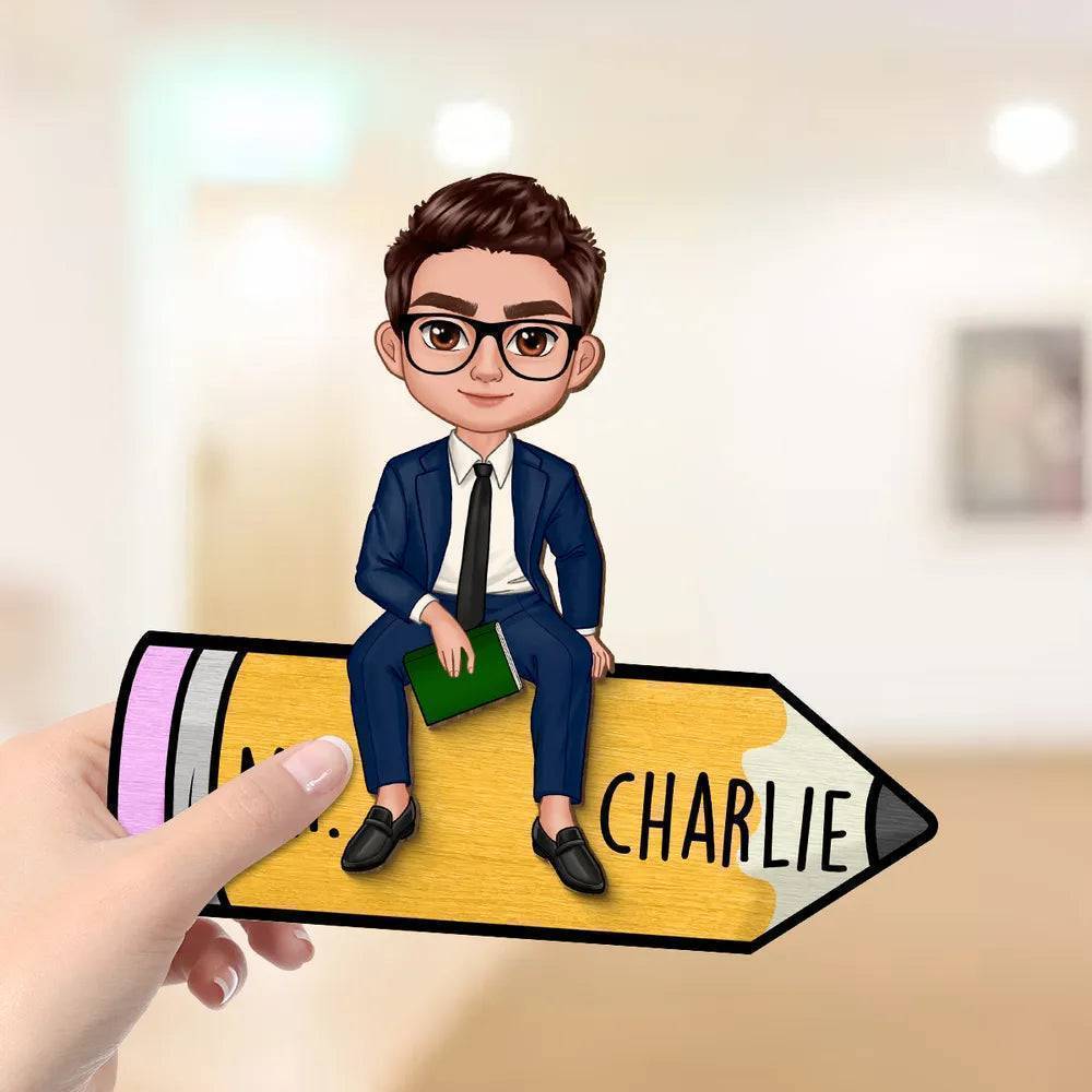 Doll Teacher Sitting On Pencil Personalized Wooden & Acrylic Plaque/Keychain - Back To School Gift For Teacher, Office Decor